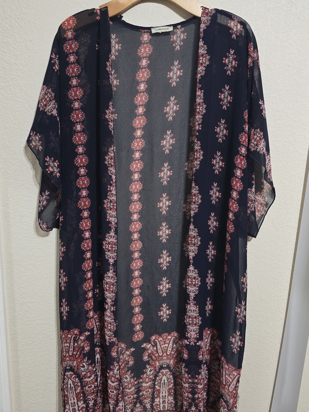 Sheer Blue Boho Kimono Duster with Red Paisley Print, Casual, Floral, Feminine